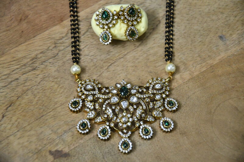 Long 2 Line Black Beads with Polki Pendant and Earrings in Pink and Green Colour NFBB09 - Image 2