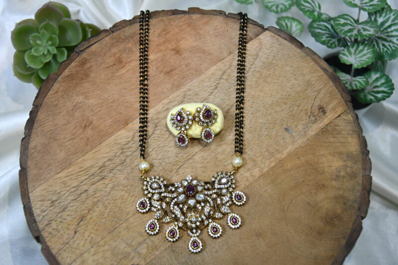Long 2 Line Black Beads with Polki Pendant and Earrings in Pink and Green Colour NFBB09 - Image 3