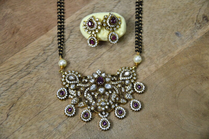 Long 2 Line Black Beads with Polki Pendant and Earrings in Pink and Green Colour NFBB09 - Image 4