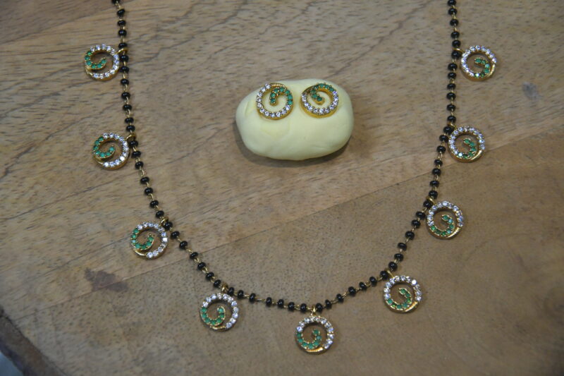 9 Spiral CZ Black Beads with Earrings in White, Green & Lavender Colour NFBB14 - Image 4