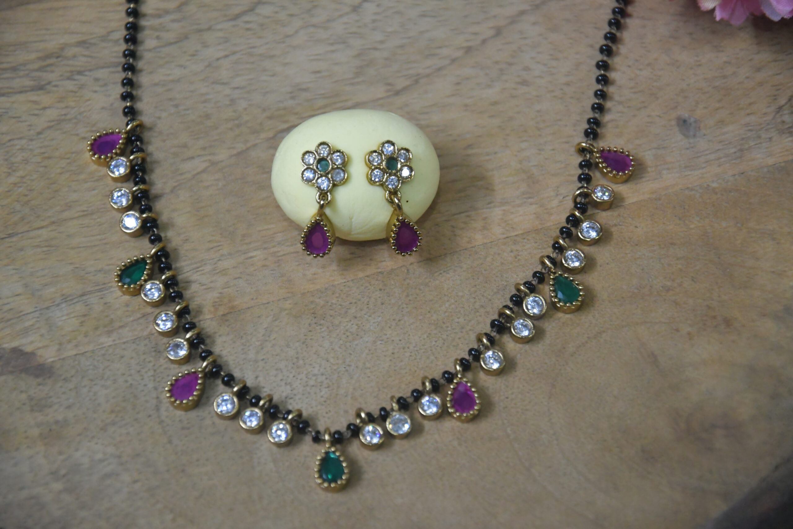 Simple Drop Black Beads with Earrings in Multi, Green, Pink & Purple Colour NFBB15 - Image 8