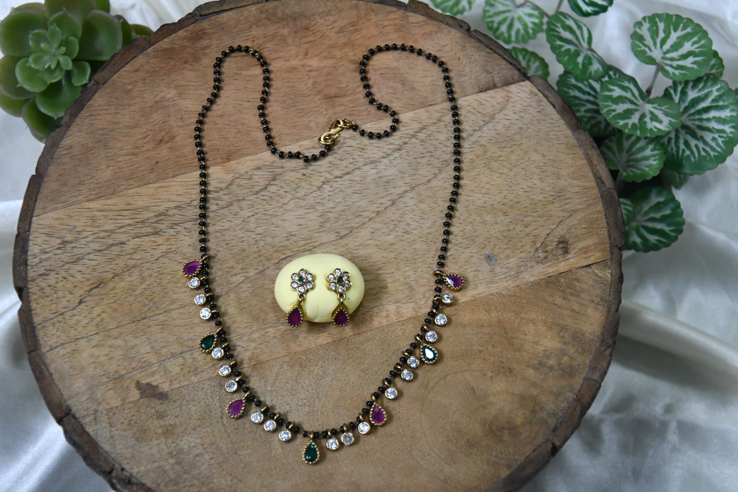 Simple Drop Black Beads with Earrings in Multi, Green, Pink & Purple Colour NFBB15
