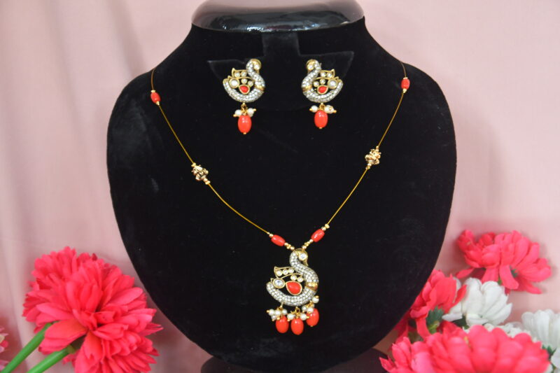 Invisible Peacock Chain with Earrings in Coral, Pink and Green Colours NFC15 - Image 3