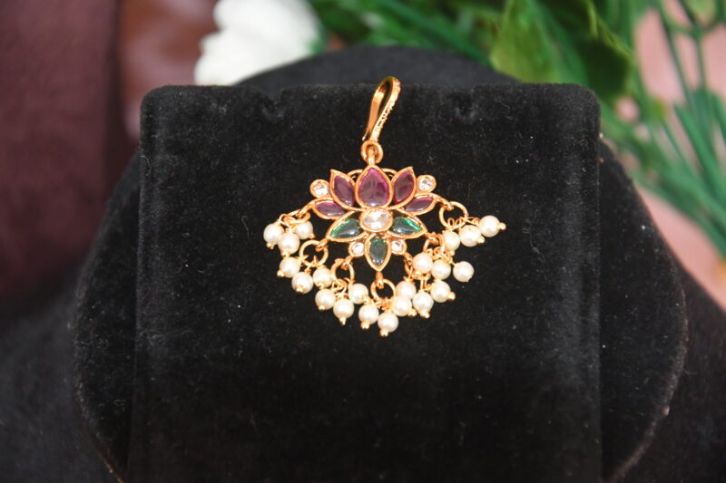 Lotus Maang Tika with Pearls and Kempu Stones NFHA04