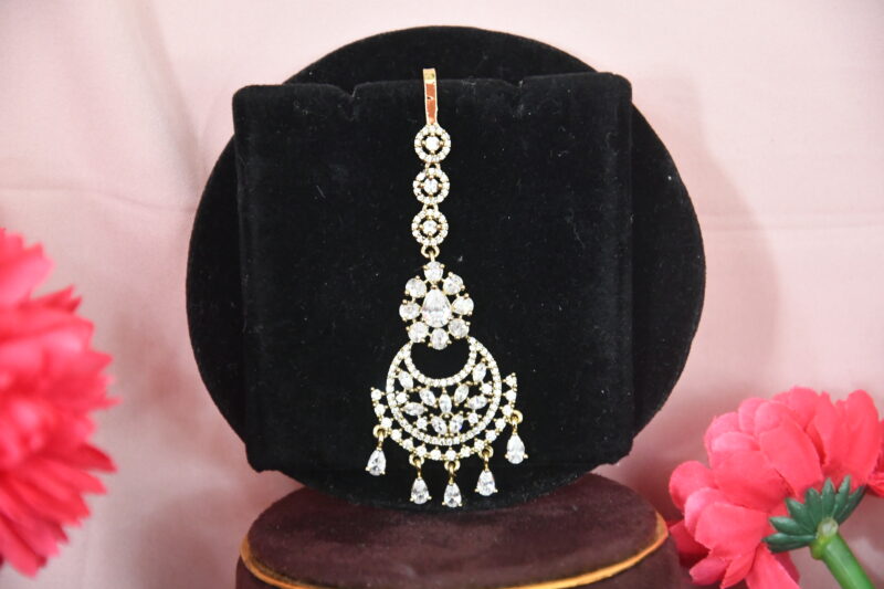 Victorian Maang Tikka in White, Pink, Green Color Options NFHA13 - Image 2