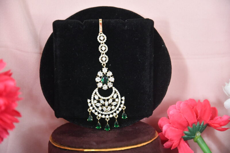 Victorian Maang Tikka in White, Pink, Green Color Options NFHA13 - Image 3
