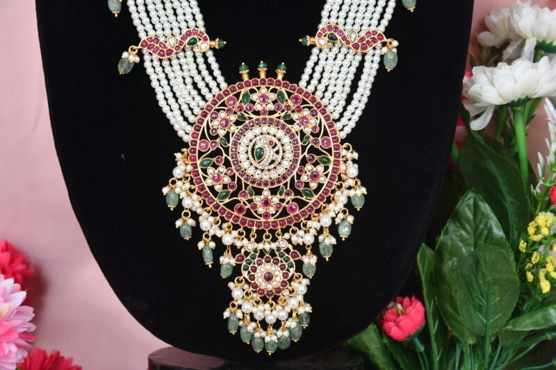 Pearl Rani Haaram with Kempu Stones and Emerald Beads NFN11 - Image 2