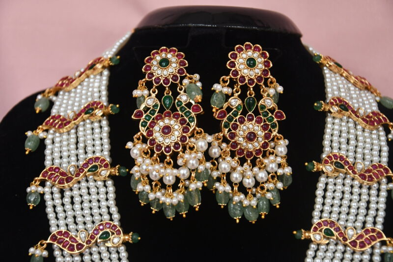 Pearl Rani Haaram with Kempu Stones and Emerald Beads NFN11 - Image 3