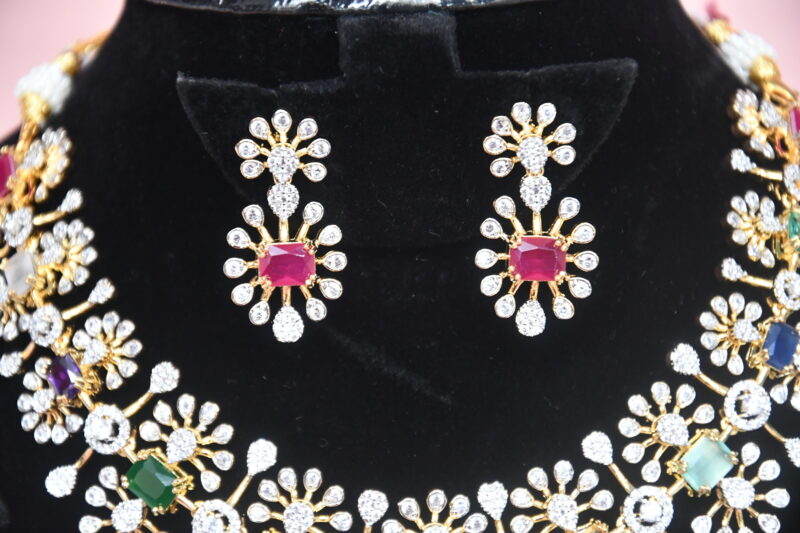 Diamond Finish Necklace in Navaratna and Violet Colour Option NFN93 - Image 3