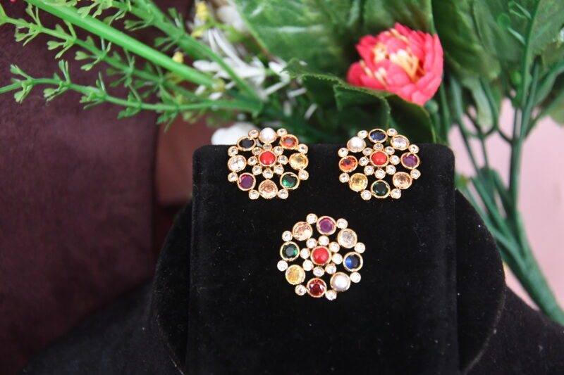 Navaratna Pendant Set with Earrings in White & Multicolour NFP08