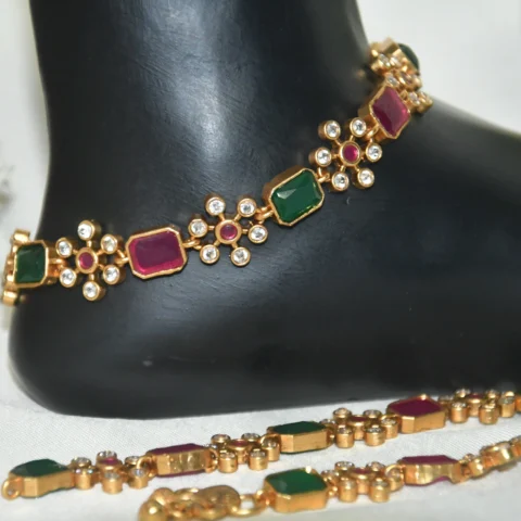 CZ multistone flower motif anklets with colorful cubic zirconia detailing by nischala fashions