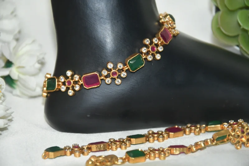 CZ multistone flower motif anklets with colorful cubic zirconia detailing by nischala fashions