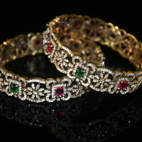 Victorian flower broad 2pc bangles on wrist
