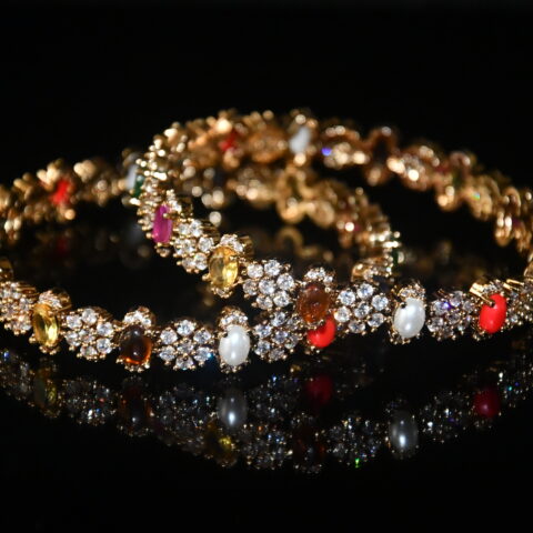 Flower cz stones navaratna 2pc bangles on wrist
