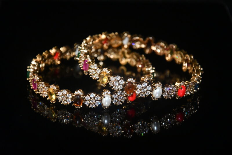 Flower cz stones navaratna 2pc bangles on wrist