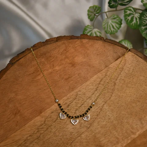 3Hearts Simple Black Beads necklace with heart motifs and gold finish by nischala fashions