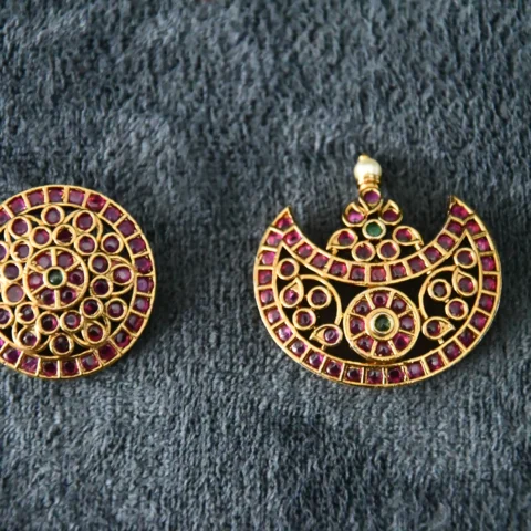 Kempu Sun Moon Set with red and green stones and antique gold finish by nischala fashions