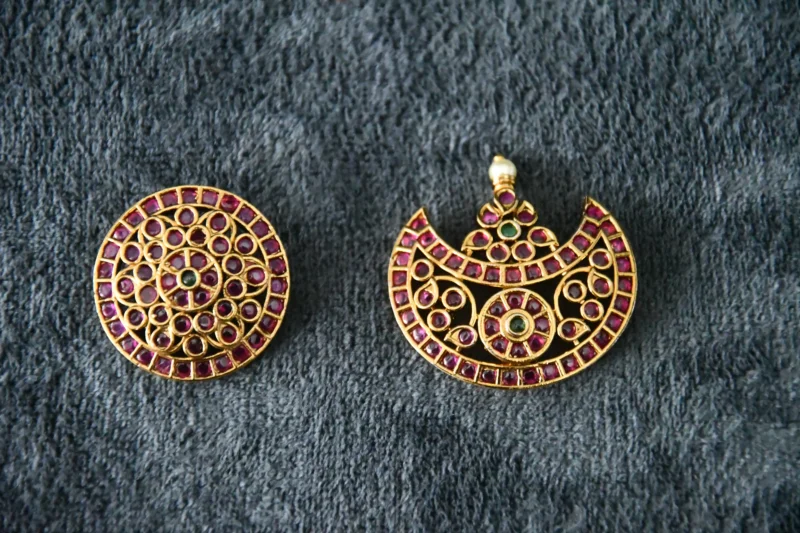 Kempu Sun Moon Set with red and green stones and antique gold finish by nischala fashions