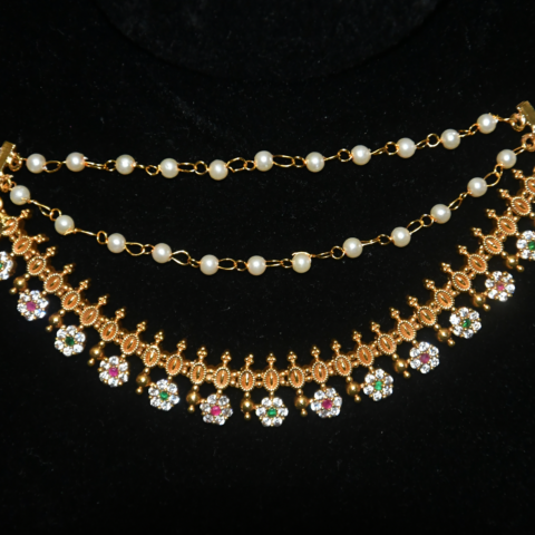 Round Flower CZ Pearl Champasavaralu earchain with floral cubic zirconia design and pearl hangings by nischala fashions