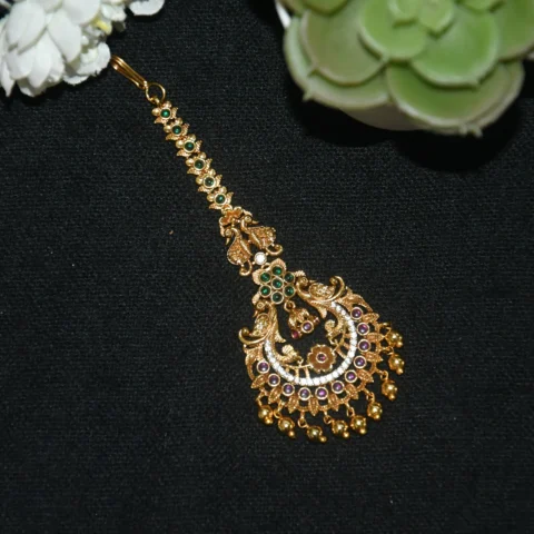 Antique Double Peacock Maang Tikka with gold ball hanging and temple design by nischala fashions