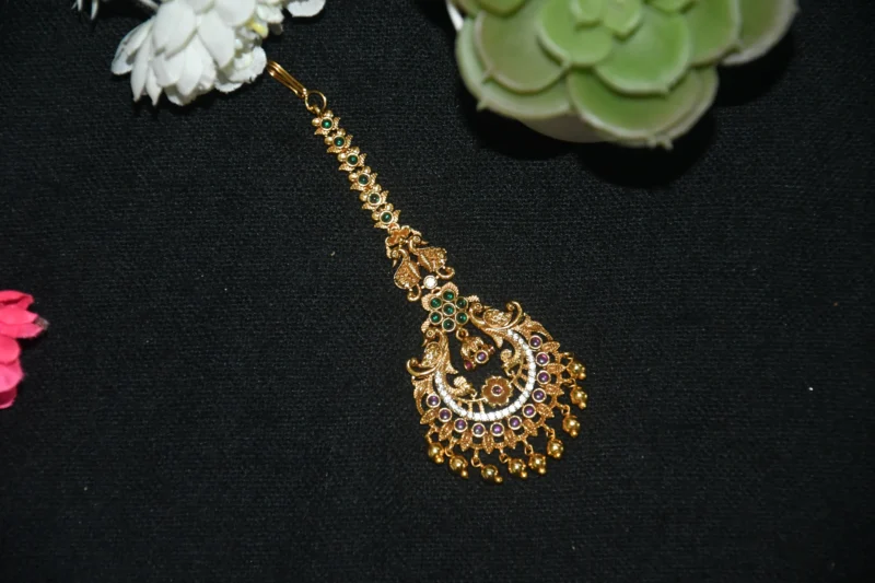 Antique Double Peacock Maang Tikka with gold ball hanging and temple design by nischala fashions