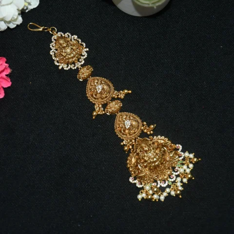 Antique Lakshmi Big Size Maang Tikka with pearl cluster hanging and traditional temple design by nischala fashions