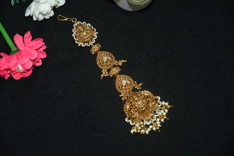 Antique Lakshmi Big Size Maang Tikka with pearl cluster hanging and traditional temple design by nischala fashions