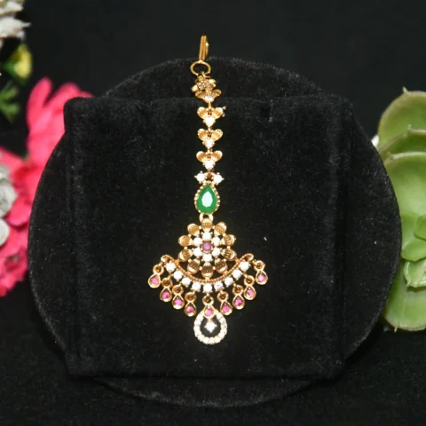 Antique CZ Maang Tikka with cubic zirconia stones and traditional gold finish by nischala fashions