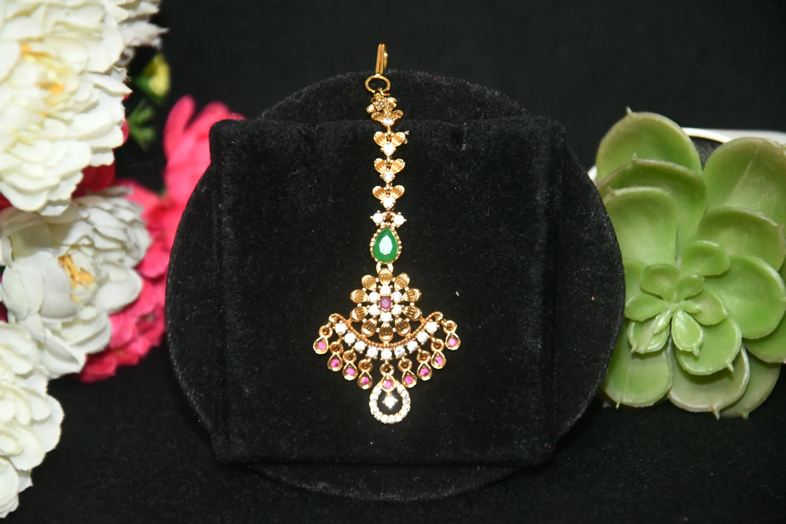 Antique CZ Maang Tikka with cubic zirconia stones and traditional gold finish by nischala fashions