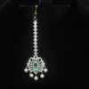 Diamond Green Maang Tikka with CZ stones and pearl hanging in traditional design by nischala fashions