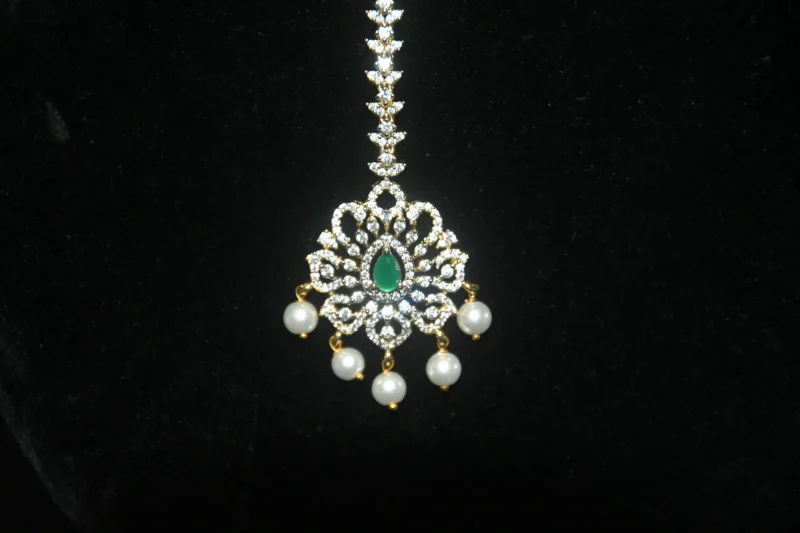 Diamond Green Maang Tikka with Pearl Hanging NFHA49G - Image 2