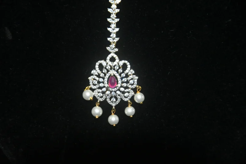 Diamond Pink Maang Tikka with Pearl Hanging NFHA49P - Image 2