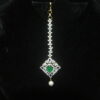 Diamond square green maang tikka with single pearl hanging, traditional Indian hair accessory by Nischala Fashions.