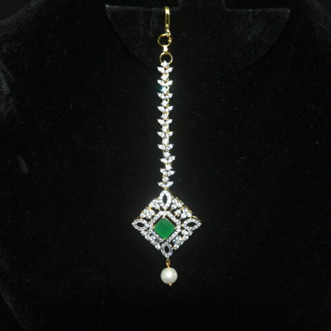 Diamond square green maang tikka with single pearl hanging, traditional Indian hair accessory by Nischala Fashions.