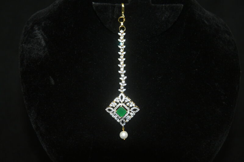 Diamond square green maang tikka with single pearl hanging, traditional Indian hair accessory by Nischala Fashions.