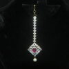 Diamond square pink maang tikka with single pearl hanging, ethnic jewelry accessory by Nischala Fashions.
