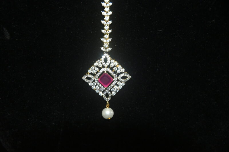 Diamond Square Pink Maang Tikka With Single Pearl Hanging NFHA50P - Image 2