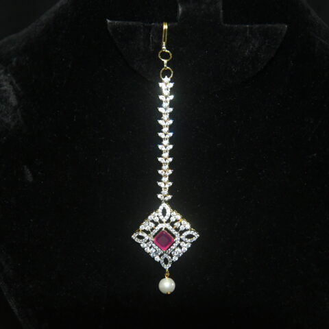 Diamond square pink maang tikka with single pearl hanging, ethnic jewelry accessory by Nischala Fashions.