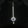 Diamond square violet maang tikka with single pearl hanging, festive Indian jewelry by Nischala Fashions.