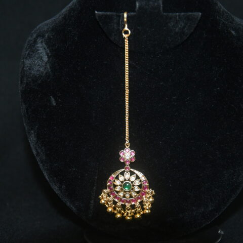 Kempu kundan maang tikka with gold balls hanging, traditional South Indian jewelry by Nischala Fashions.