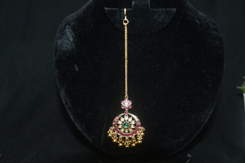 Kempu kundan maang tikka with gold balls hanging, traditional South Indian jewelry by Nischala Fashions.
