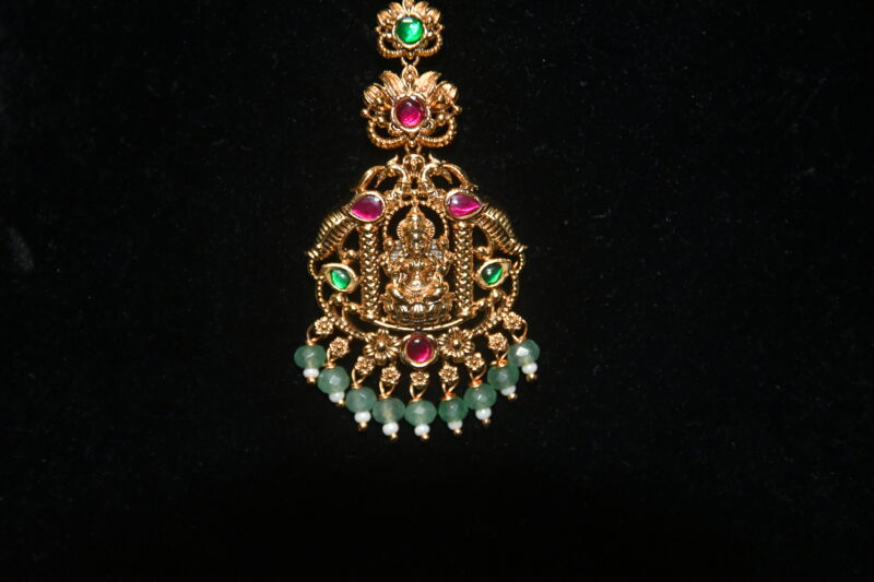 Jadau Kundan Lakshmi Maang Tikka With Green Beads Hanging NFHA52 - Image 2