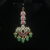 Jadau kundan maang tikka with green beads hanging, regal traditional jewelry by Nischala Fashions.