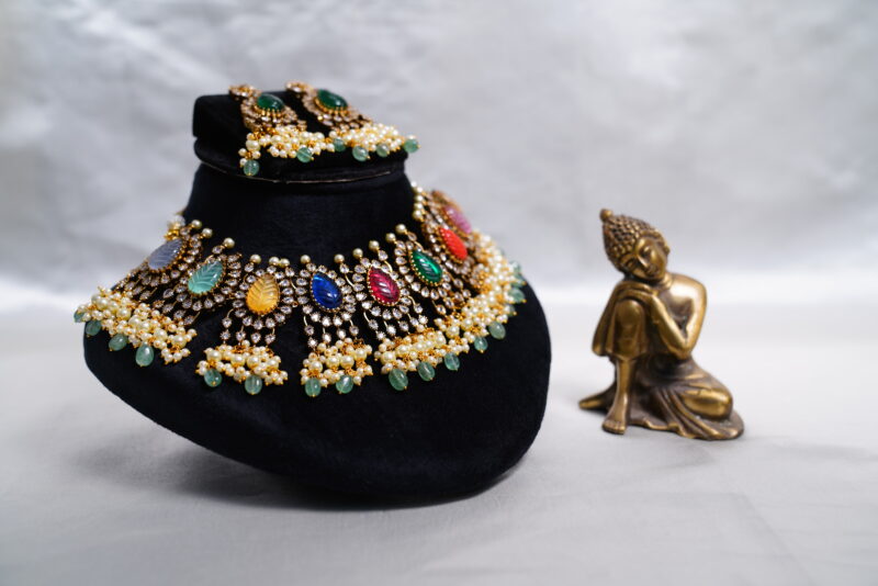 Navaratna carved beads pearl hanging necklace with earrings