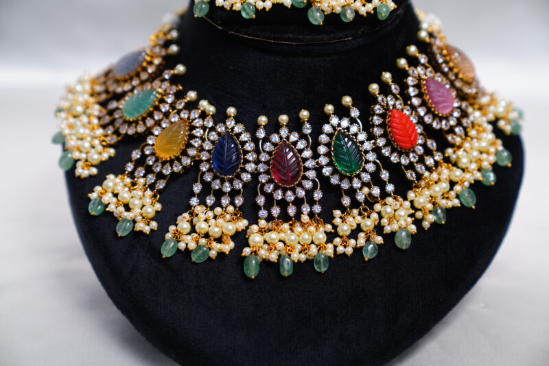 Navaratna carved beads pearl hanging necklace with earrings NFN104 - Image 2