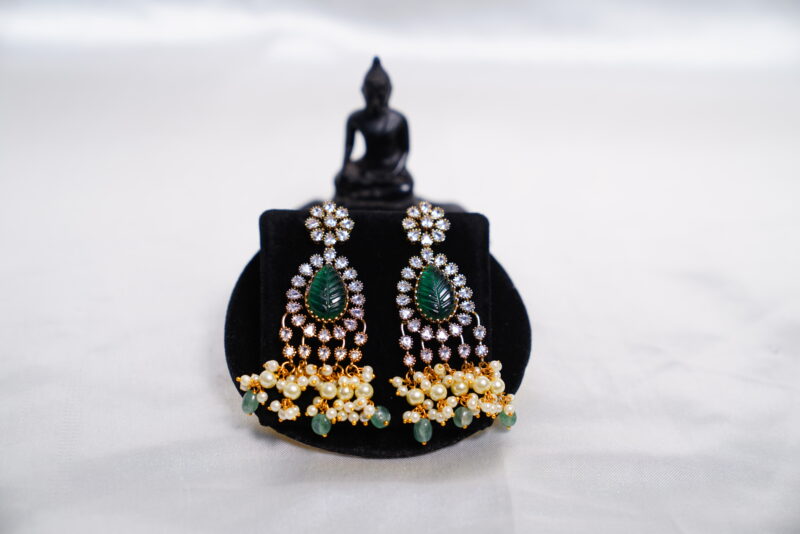 Navaratna carved beads pearl hanging necklace with earrings NFN104 - Image 3