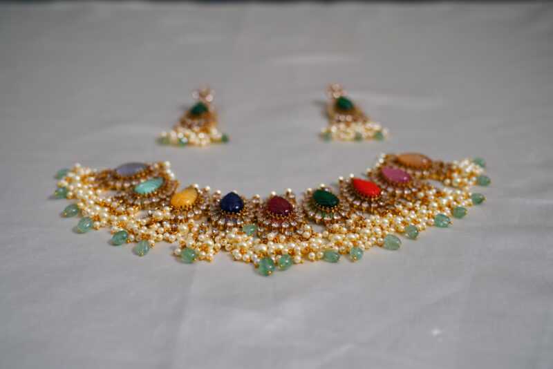 Navaratna carved beads pearl hanging necklace with earrings NFN104 - Image 5