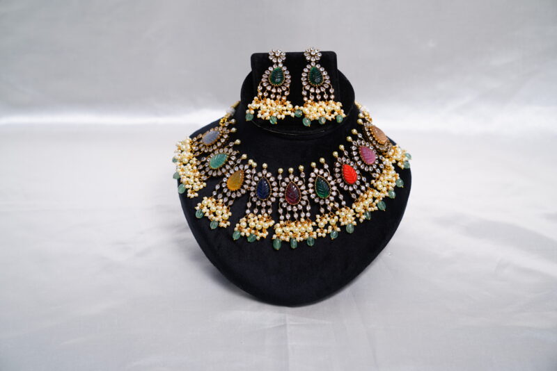 Navaratna carved beads pearl hanging necklace with earrings NFN104 - Image 4