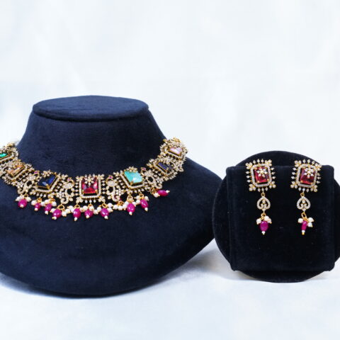 Antique Peacock necklace in multi colour with earrings