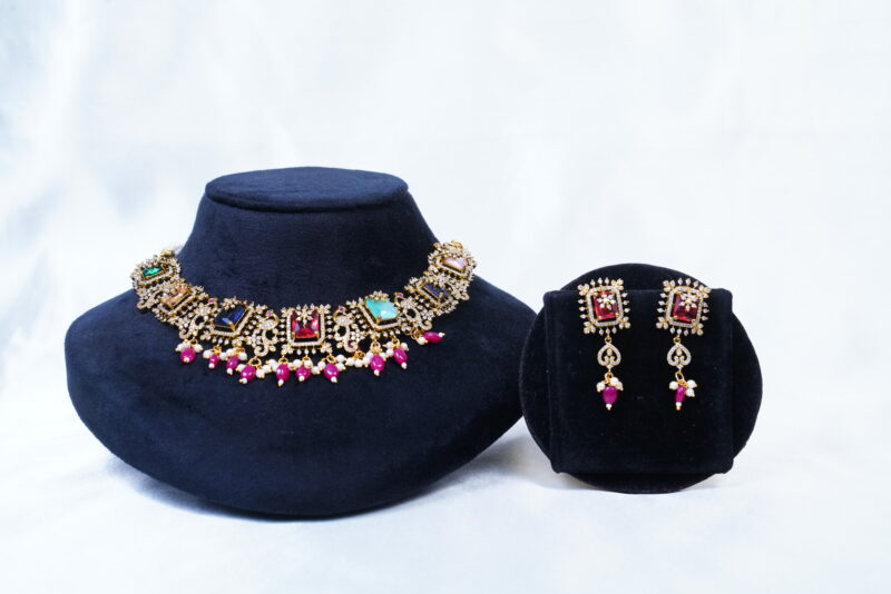 Antique Peacock necklace in multi colour with earrings